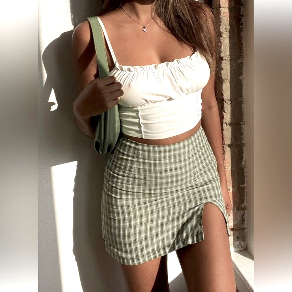 GINGHAM SAGE&CREAM MINI SKIRT